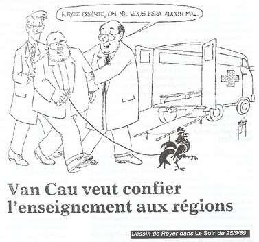 Caricature de Van Cau en 1989 ( à dr. Philippe Moureaux, à g. Louis Michel)